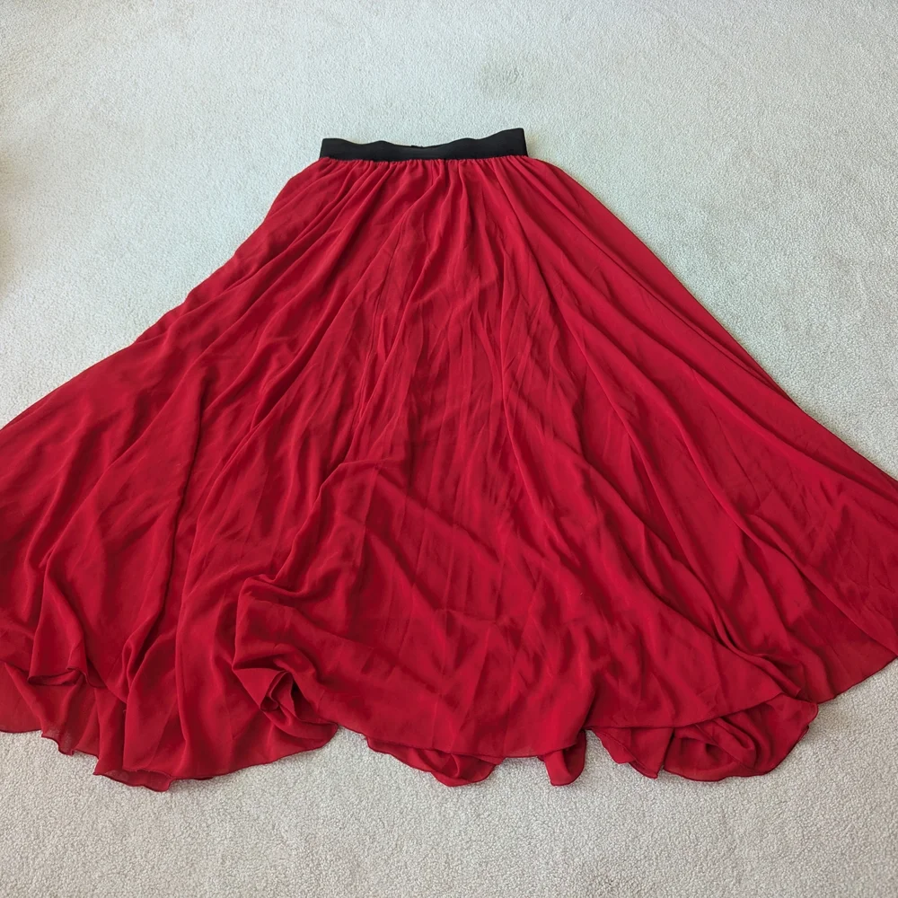 Elegant Red Maxi Skirt with Black Waistband - Picture 1 of 8